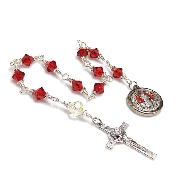 St Benedict Red Handmade One Decade Rosary, Red Swarovski Decade Beads - Picture 1 of 10